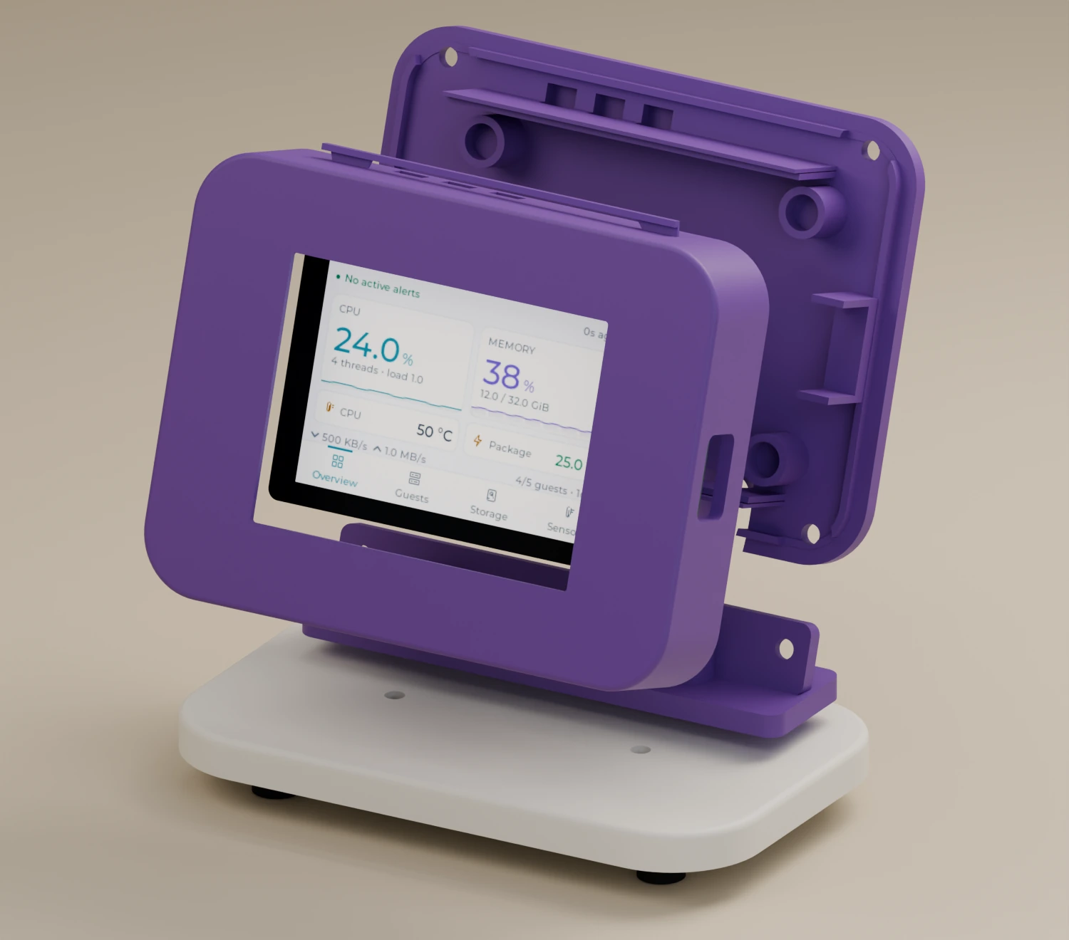 Exploded view of the printable Glimdock enclosure, display mount and white stand