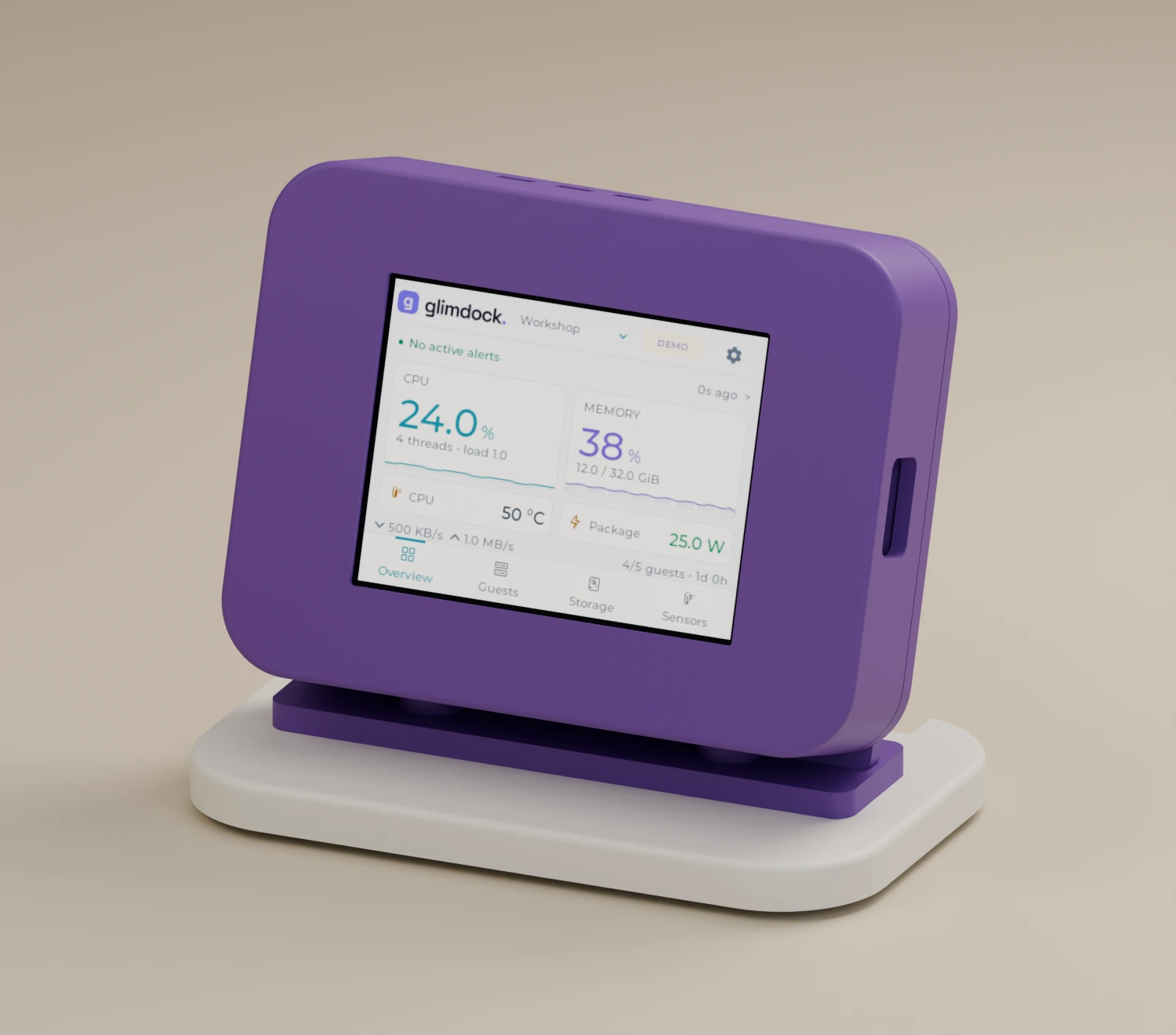 Purple Glimdock touch display showing CPU, memory, temperature and power on a white desk stand